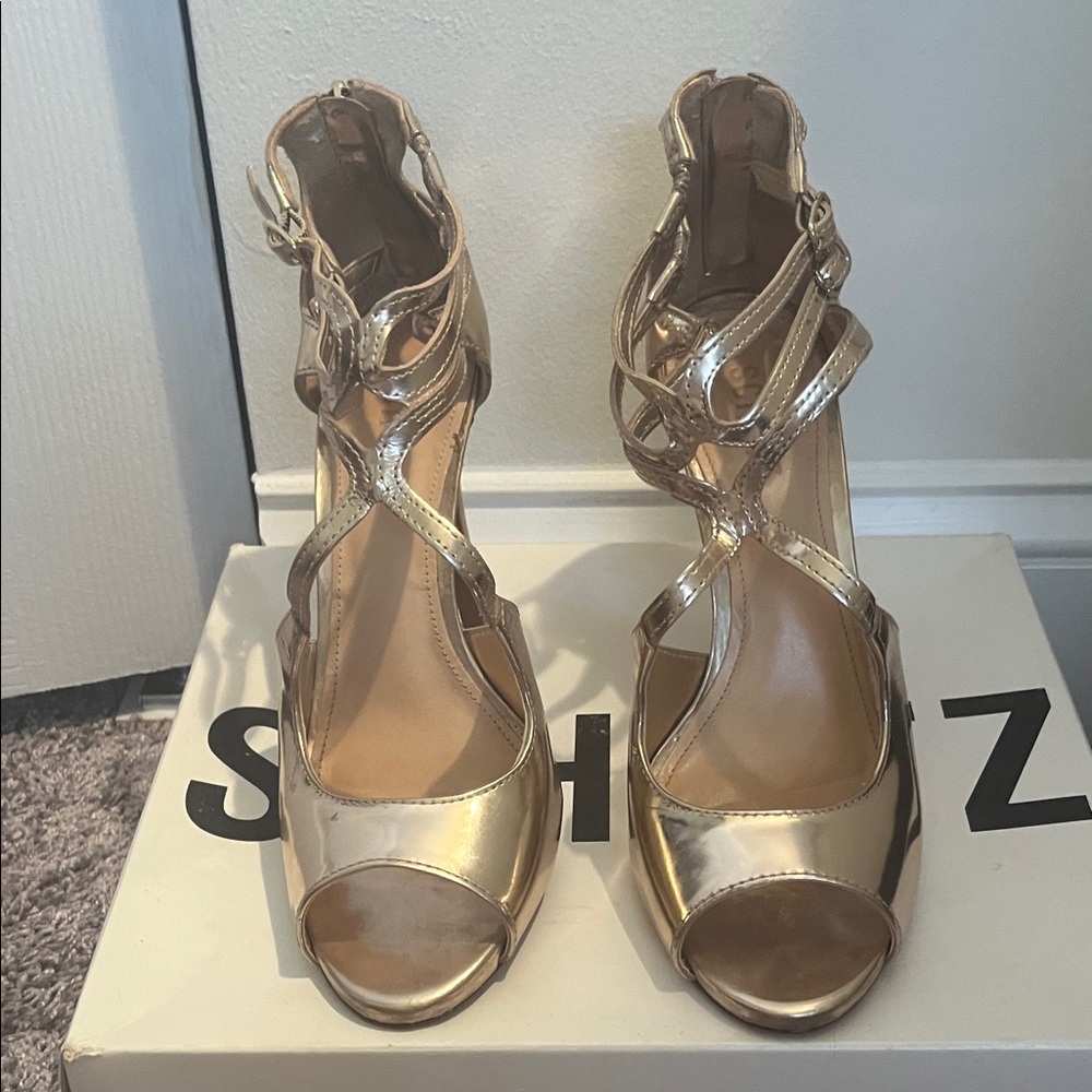 SCHUTZ Gold Metallic Strappy Heels